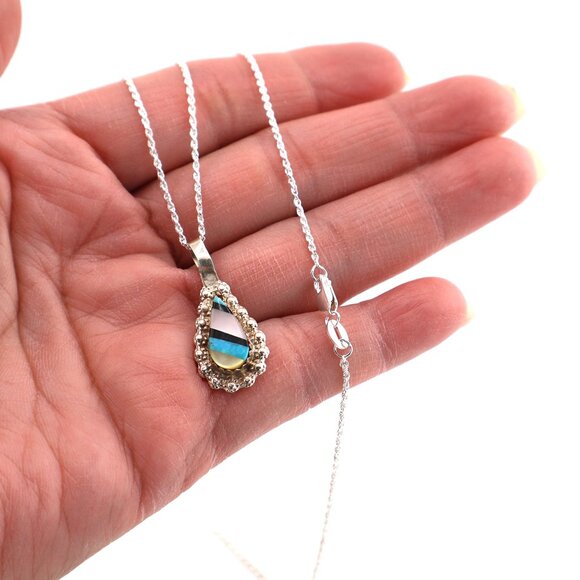 Native American Inlay Pendant Teardrop Sterling Silver Zuni Necklace‎ Jewelry** - Picture 10 of 11